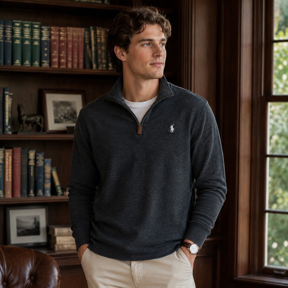 Polo Ralph Lauren Men’s L Charcoal Gray Quarter Zip Pullover Luxury Sweater